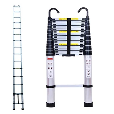 Imagen de Escaleras telescópicas de 6,2 m con gancho desmontable 150 kg capacidad, escalera telescópica recta aluminio, extensible, suministros construcción, proyectos bricolaje, portátil,