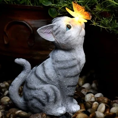 Imagen de PB Versand Gatos Lámpara Solar LED 26 x 16 cm Gato Blanco Cálido Incluye Batería de Jardín Farol Gatito Animal