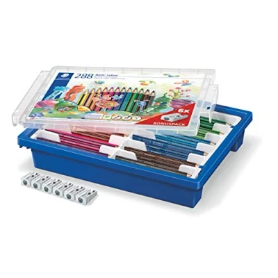 Imagen de Staedtler lápices de colores Noris Colour, mayor resistencia a la rotura, forma triangular, superficie suave ergonómica, material WOPEX, juego 288 en 12 y 6 sacapuntas,