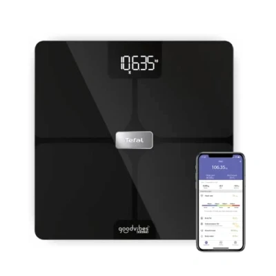 Imagen de Tefal Goodvibes Health Balance conectado, 14 indicadores corporales, aplicación conectada, número ilimitado de usuarios, capacidad 180 kg y bandeja cristal 32 x cm, negro BM9670S1