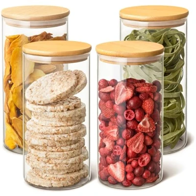 Imagen de Praknu 4 Botes de Cristal Cocina Con Tapa Bambu 1,2 l Hermeticos Almacenaje Juntas Repuesto Aptos para Lavavajillas