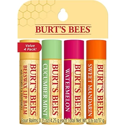 Imagen de Burt&#039;s Bees Paquete múltiple de bálsamo labial, con cera abejas, pepino y menta, sandía, mandarina dulce, Freshly Picked, 4 x 4.25 gramos