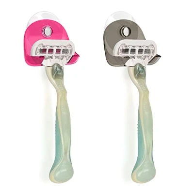 Imagen de kwmobile 2x Soporte para maquinilla de afeitar con ventosa Set organizador adhesivo el baño vidrio y azulejos negro/rosa fucsia/transparente