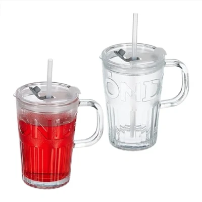 Imagen de Relaxdays Set de 2 Vasos, Jarras para Beber con Tapa y Pajita, Jarritas Batidos Zumos 450 ml, Asa, Transparente, Silicona, 13x13x8,5cm