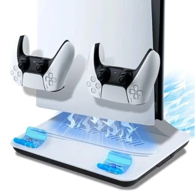 Imagen de Tolesum Soporte para PS5 Pro/Slim, con luces LED, estación de refrigeración doble mando carga, carga Disc/Digital