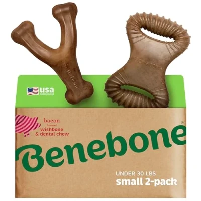 Imagen de Benebone Paquete de 2 masticables dentales indestructibles para masticadores agresivos, rompedor aburrimiento Resistente Larga duración Perros, Sabor Real a Tocino, Perros pequeños,