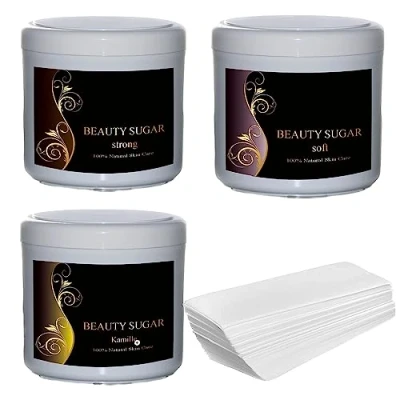 Imagen de Sugaring Wax Kit Beauty Sugar Test Set + 50 tiras de vellón GRATIS pasta azúcar para depilación las tres pastas en formato XXL á 600g zona íntima, cara y cuerpo