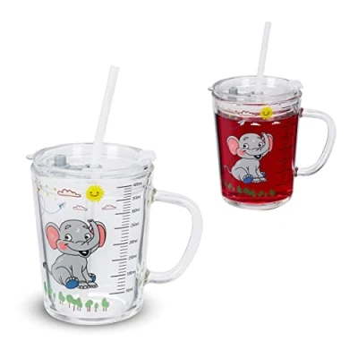 Imagen de Relaxdays Set de 2 Vasos Infantiles, Diseño Elefante, Jarrita Agua Niños, con Asa, Tapa y Pajita, 400 ml, Transparente