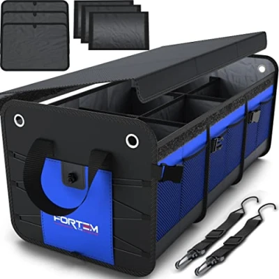Imagen de FORTEM Organizador de Maletero Coche y SUV para Almacenamiento Caja Plegable con 3 Compartimentos Base Antideslizante Cinchas Ajustables Tapa Extraíble (Azul)