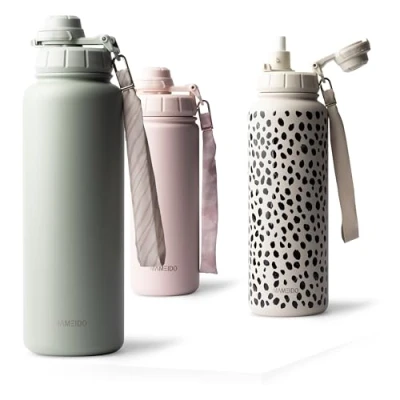 Imagen de MAMEIDO Botella Agua Acero Inoxidable 700ml Termica con Pajita, Gimnasio sin BPA, Cantimplora estanca, Termo Correa de Transporte, Water Bottle (Desert Sage, 0,7l)