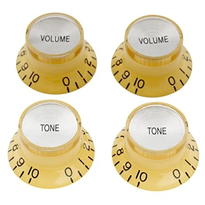 Imagen de Musiclily Pro Tamaño Métrico 18 Splines 2 Volume Tone Botones de Potenciómetros Reflector Knobs Perillas Set para Guitarra Eléctrica Epiphone Les Paul SG Style, Crema con Plateado Top(Juego 4)