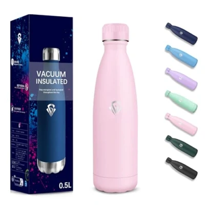 Imagen de Botella Agua Acero Inoxidable, 500 ml Libre de BPA, Termica, Aislamiento al Vacío Boble Pared, Cantimplora, 304 Cantimplora Termica para Escuela, Cámping, Yoga Rosa