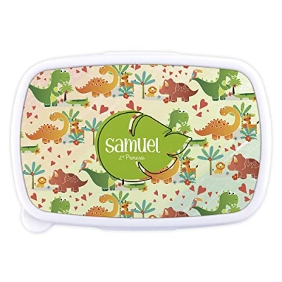 Imagen de LolaPix Caja Dinosaurio. Fiambrera Infantil Personalizada. merienda con Nombre y Curso. Apta para microondas Libre de BPA, filatos Metales Pesados. Varios diseños.Mundo Dino
