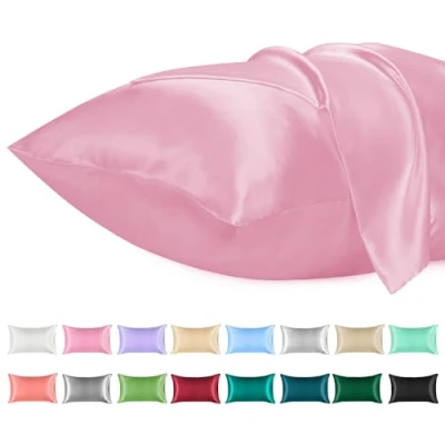 Imagen de Lirex 2 Paquetes Funda Almohada Satinado, Microfibra de Color Sólido Suave Sin Arrugas Resistente a la Decoloración Respirable (50 x 75 cm, Sakura Rosa)