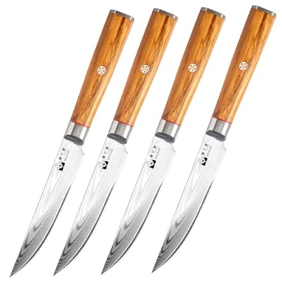 Imagen de FUJUNI Couteaux à Steak Lame Lisse, 4 Pièces Set de en Acier Damas 67 Couche VG10 Couteau Viande Professionnel 12,5cm avec Manche Bois d&#039;olivier