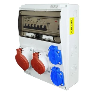 Imagen de RoadEu Distribuidor de corriente para construcción pared. enchufe CEE 16 A y 32 con 2 enchufes Schuko 230 V. interruptor FI protección línea.