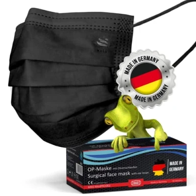 Imagen de kela, 50x Mascarillas Quirúrgicas, Negras, Fabricado EN Alemania, Mascarilla Medicas Homologadas para Adultos, Material Oeko tex, 14683 Tipo IIR, BFE &gt;99,8%, 3 Capas y Sin Grafeno,