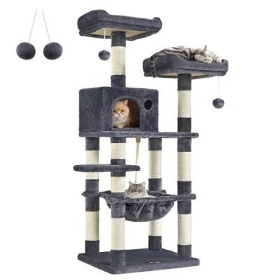 Imagen de Feandrea Árbol para Gatos de Altura 143 cm, Torre Gatos, con 11 Postes Rascadores, 2 Plataformas, 1 Cueva, Hamaca, Pompones, Tela Felpa, Multinivel, Gris Ahumado PCT15GYZ
