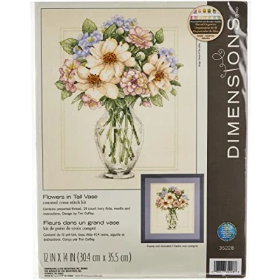 Imagen de Dimensions Cross Stitch Flowers In Vase Flores en jarrón Alto, Algodón de Vidrio, Multicolor, Large