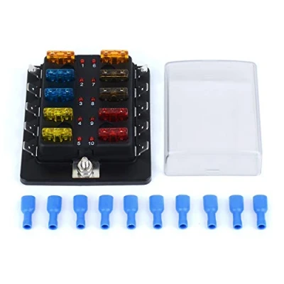 Imagen de Jtron Caja de fusibles para coche (12 V, 10 vías, 12 unidades, ATC/ATO, 5 A, 7,5 15 20 + enchufes LED coche, barco, marina, camión (10 vías)