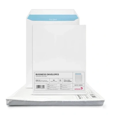 Imagen de Netuno 50x sobres blancos DIN C4 229x324mm 90g Promail con impresión interior azul solapa recta autoadhesiva sin ventana comerciales postales para documentos correspondencia comercial facturas
