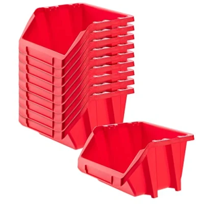 Imagen de KADAX caja apilable para taller, pequeña clasificadora de plástico PP, en diferentes tamaños y colores, cajas almacenamiento pared (rojo, juego 10 unidades, 272 x 198 mm)