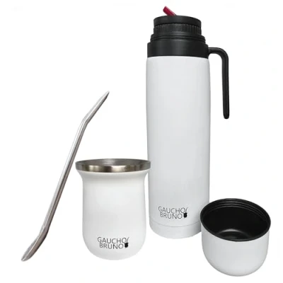 Imagen de Gaucho Bruno Kit industrial de acero inoxidable para beber yerba mate, pajita bombilla y 1 litro, fácil limpiar, cómodo sostener, cálido durante más tiempo, color blanco
