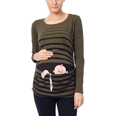 Imagen de Fuga de bebé Camiseta premamá Sudadera con Estampado Durante el Embarazo, Manga Larga (Caqui, Large)