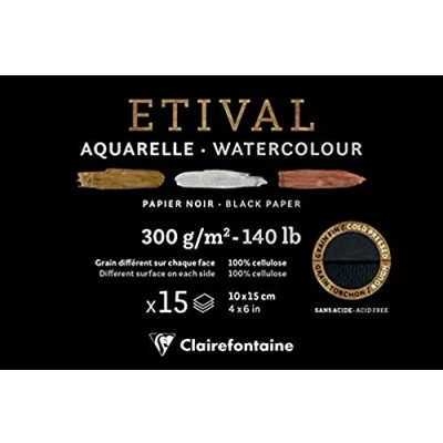 Imagen de Clairefontaine 975448C Un bloque encolado de 1 cara papel dibujo Etival 15 hojas 10 x cm, 300 g doble grano (grano fino y reverso torchón), color negro