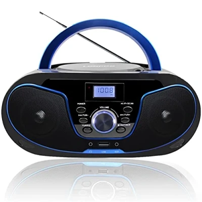 Imagen de LONPOO Reproductor de CD portátil Boombox Audio estéreo, con CD, Radio FM, Bluetooth, USB, Entrada AUX, doméstico Compacto, CA o Alimentado por batería