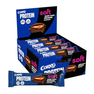 Imagen de Corny Protein Soft Barritas proteicas sabor Chocolate Negro con Brownie, 30% Proteína, 0% Azúcares Añadidos, Ayuda al Desarrollo y Recuperación de la Masa Muscular, Pack 12x45g, Taste the Power