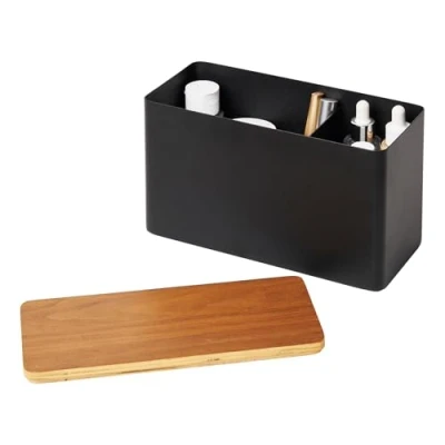 Imagen de YAMAZAKI 4807 RIN Caja de almacenaje, negro, Acero/Madera contrachapada, minimalista, 23 x 10.5 14 cm