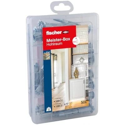 Imagen de fischer Meister Box juego de 50 tacos metal hueco y tornillos, adecuado para materiales construcción placas, práctico, caja despertadores domésticos profesionales