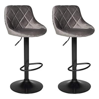 Imagen de Happy Garden Juego de 2 taburetes Bar Terciopelo Gris Robin. Silla Cocina, diseño Moderno, con Asiento, Regulable en Altura, Giro 360º y reposapiés. Taburete Respaldo