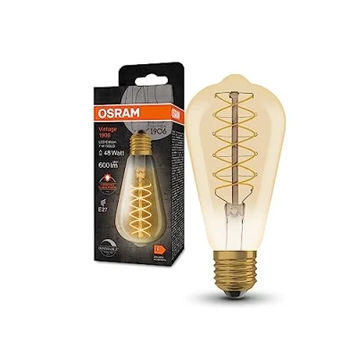 Imagen de OSRAM VINTAGE 1906 Lámpara LED con tinte dorado, 7W, 600lm, Forma Edison 64mm de diámetro y enchufe E27, luz blanca cálida, filamento espiral, dimmable, hasta 15,000 horas vida útil