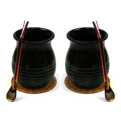 Imagen de Juego de vasos té mate para dos taza cerámica Roches 360 ml Pajita acero inoxidable y kokrpad Lámpara