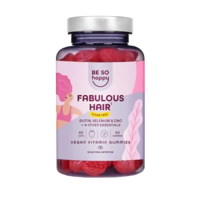 Imagen de Gominolas para el pelo Biotina 6000 mcg, Vitaminas Cabello, 60 dias, Complejo con +10 componentes: Ac Folico + Vitamina A, B6, B12, C, D, E, Zinco y Selenio, Sabor a Fresa, Veganas, BeSoHappy®