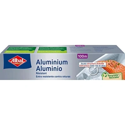 Imagen de Albal Papel Aluminio, 100 Metros, Extra Resistente, Sierra en Arco, Fácil de Cortar, Productos Frescos, Cocinar, Hornear y Asar, Flexible Maleable, Envase ergonómico, Plata