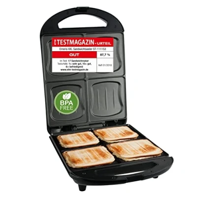 Imagen de Emerio Sandwich Tostadora XXL Test, adecuada para todos los tamaños de tostadas, 4 moldes grandes concha toda la familia, queso no gotea, sin BPA, 1300 W, unidades