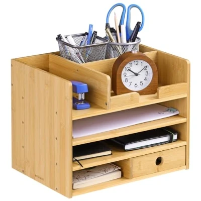 Imagen de Navaris Organizador de escritorio bambú Accesorio sobremesa con compartimentos Caja para almacenaje material oficina 33 x 24 26 CM