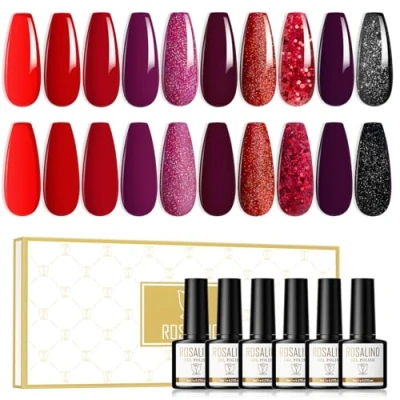Imagen de ROSALIND Esmaltes Semipermanentes Para Uñas, 10 Colores Pintauñas Rojo Oscuro Vivo Violeta Glitter Gel Nail Polish Soak Off UV/LED, Art DIY de Otoño e Invierno, 8ml