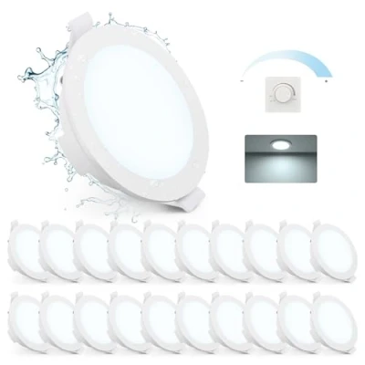 Imagen de Gr4tec Downlight LED Techo Empotrable IP65, Pack 20 Foco Regulable Blanco Frio 6500K 6W 400LM, Ojos de Buey Agujero 68 80mm, 35MM Extraplano, Interior Para Cocina Baño