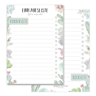 Imagen de paper&amp;you® Bloc para lista de la compra (A6, 50 hojas, hojas arrancar), diseño cactus