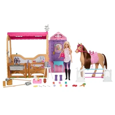 Imagen de Barbie Misterios: en Busca de la Yegua Perdida Superestablo, Muñeca rubia con caballo juguete y set juego + 25 accesorios equitación, inspirado serie, +3 años, JDN43