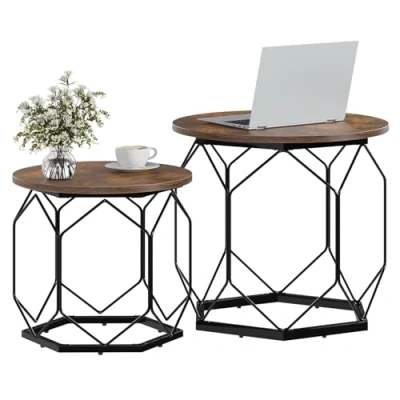 Imagen de WOLTU Juego de 2 Mesitas Cafe, Mesa Auxiliar Salon con Tablero Redondo, Centro Redonda en Estructura Metálica, Ideal para y Dormitorio, Marrón Rústico+Negro, BTS05vbn