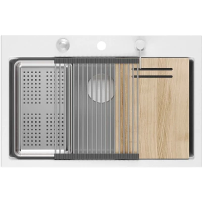 Imagen de QUADRON Fregadero Granito tamaño 76 x 50 cm, Color: Blanco Marc Set Incluye: Tapa de Acero, dosificador jabón, Tabla Cortar Madera, Qmat Multifuncional, Bandeja recogegotas Acero