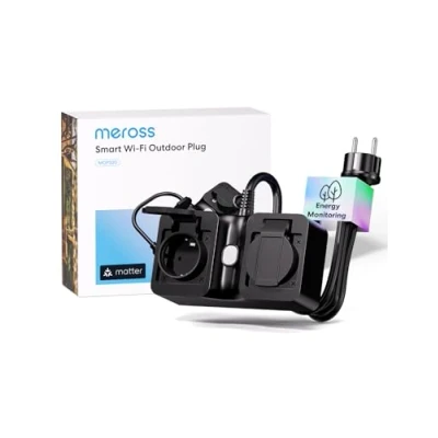 Imagen de Meross Exteiror Enchufe Inteligente con Mide Consumo, WiFi Matter 16A Producción de Paneles Solares, Soporte para Matter, Alexa, Apple Home y Google Home, IP44, 1,5m Cable