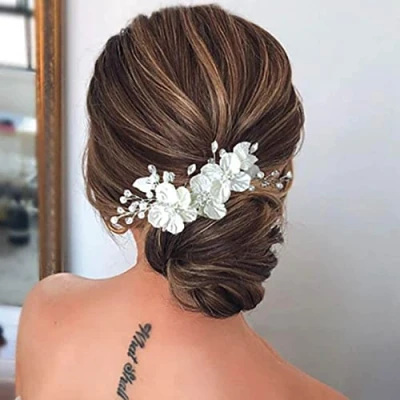 Imagen de Prosy Piezas de pelo novia flores boda plata nupcial perla accesorios para el cabello diamantes imitación peine diapositivas mujeres y niñas
