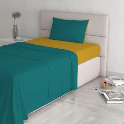 Imagen de Italian Bed Linen CL NC 2P Juego de sábanas Color Natural Plana 250x300, Hoja instalada 170x200cm+2 Almohadas 52x82cm, Gasolina/Botella Verde, OCHER Petroleo, doble