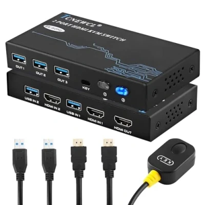 Imagen de 8K 60Hz Conmutador KVM Switch HDMI 4K 120Hz 2 puertos, TCNEWCL 2.1 USB 3.0 para PC 1 monitor, soporte HDR, Dolby Audio, 3D, HDCP2.3, con cable y